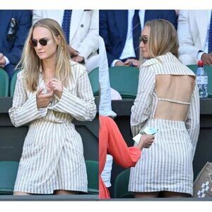 Nanushka Esma Striped Mini Wrap Dress Beige White Cotton Linen